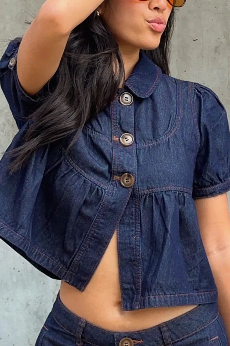Women's Casual Button Front Denim Top With Puff Sleeves Or Denim Shorts