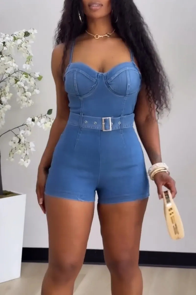 Women's Casual Slim Fit Cami Denim Cropped Jumpsuit with Belt