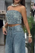 Women's Fashion Beaded Denim Bustier or Irregular Texture Jeans