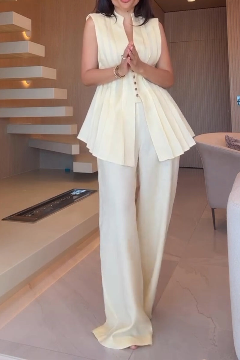 Women's V-neck Pleated Sleeveless Top and Pants Elegant Casual Suit