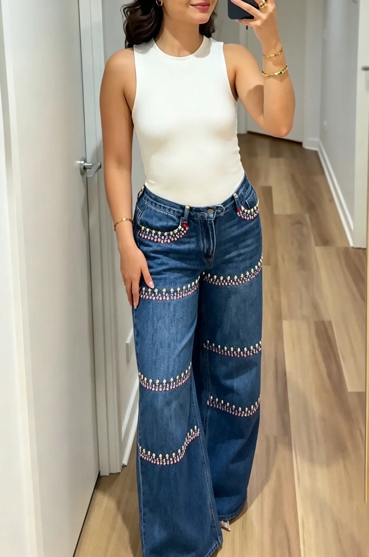 Women's Fashion Rhinestone-Beaded Wide Leg Jeans