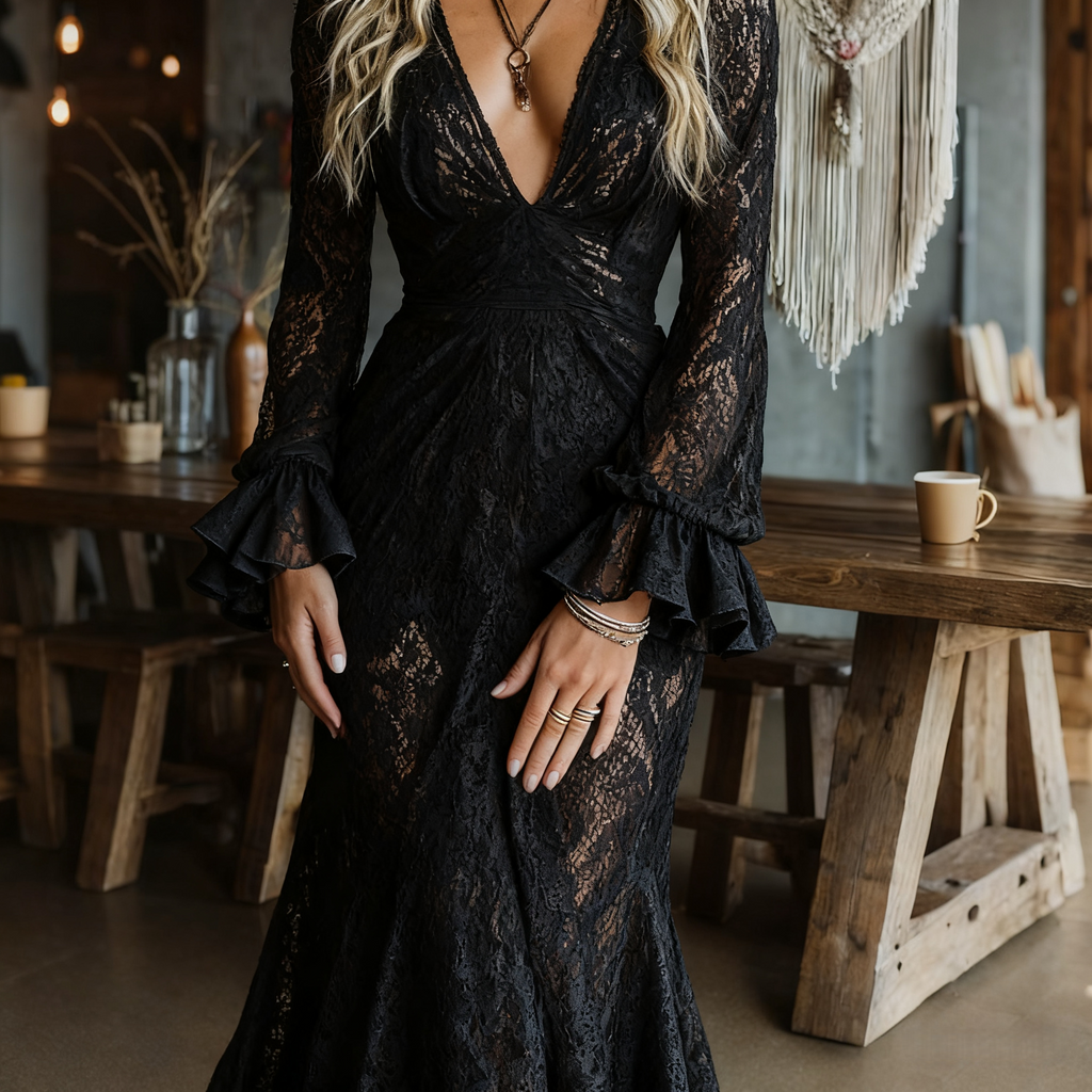 Elegant V-neck High Waist Lace Flared Long Sleeve Dress