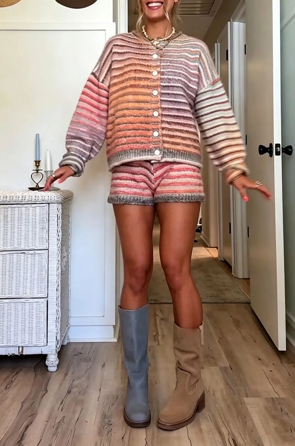 Women's Casual Colorful Stripe Loose Knit Cardigan or Shorts