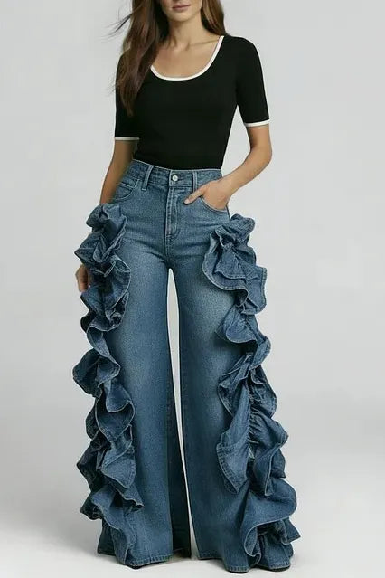 Women's High Waist Ruffle Trim Wide Leg Jeans