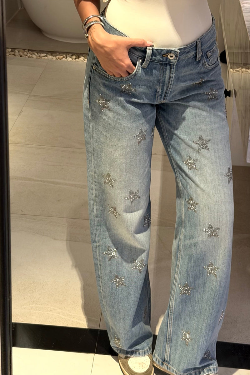 Ladies' Popular Casual Washed Star Rhinestone Straight Leg Jeans