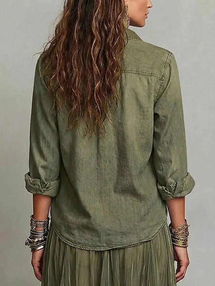 Women's Retro Lapel Art Casual Long Sleeve Denim Shirt