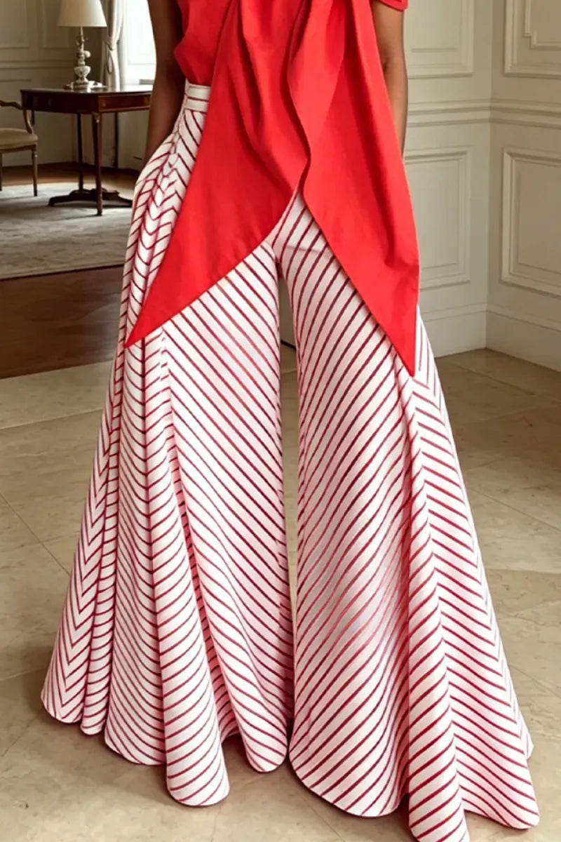 Women's Slanted Neck Solid Color Top or Striped Flared Pants