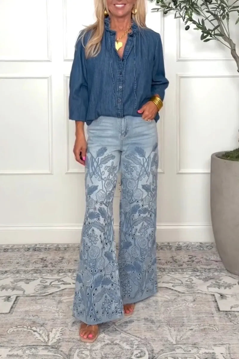 Women Casual Printed Hollow Denim Bell Bottom Pants