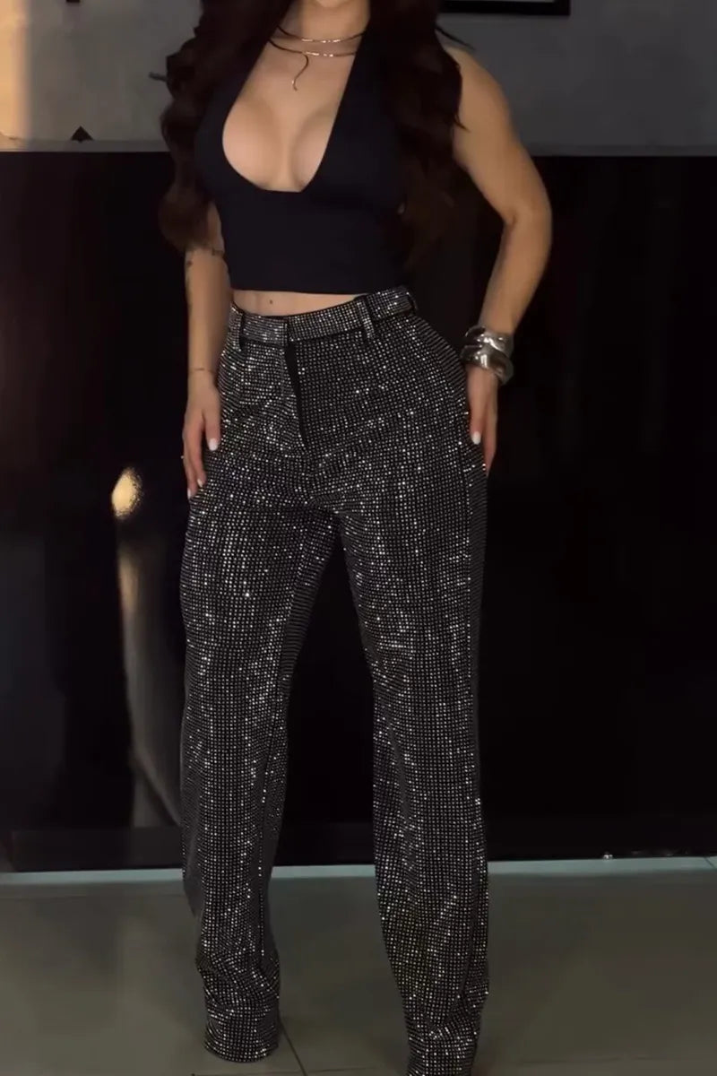 Ladies Dazzling Rhinestone Wide Leg Trousers