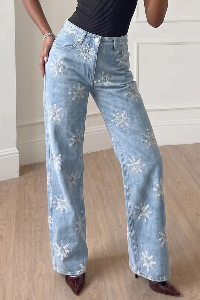 Women's High Waisted Snowflake Embroidered Jeans Light Wash Loose Straight Leg Denim Pants