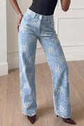 Women's High Waisted Snowflake Embroidered Jeans Light Wash Loose Straight Leg Denim Pants