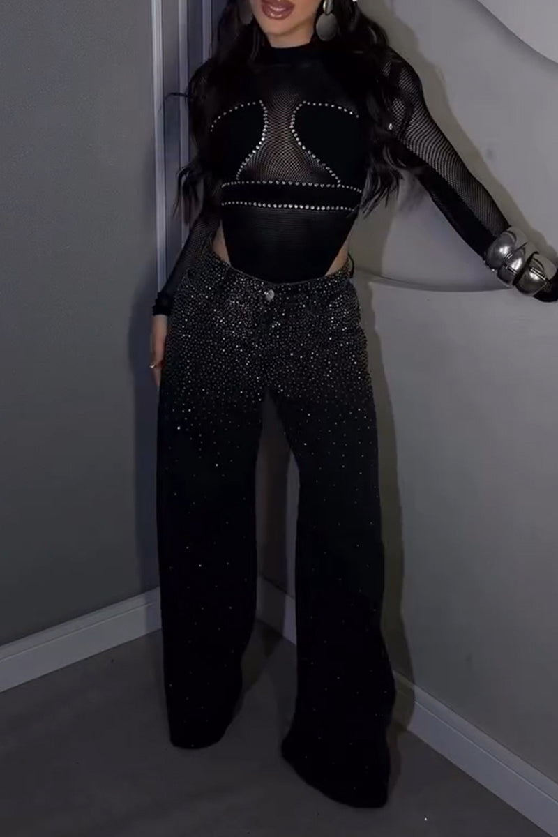 Women's Fashion Mesh Patchwork Rhinestone Bodysuit or Rhinestone Jeans