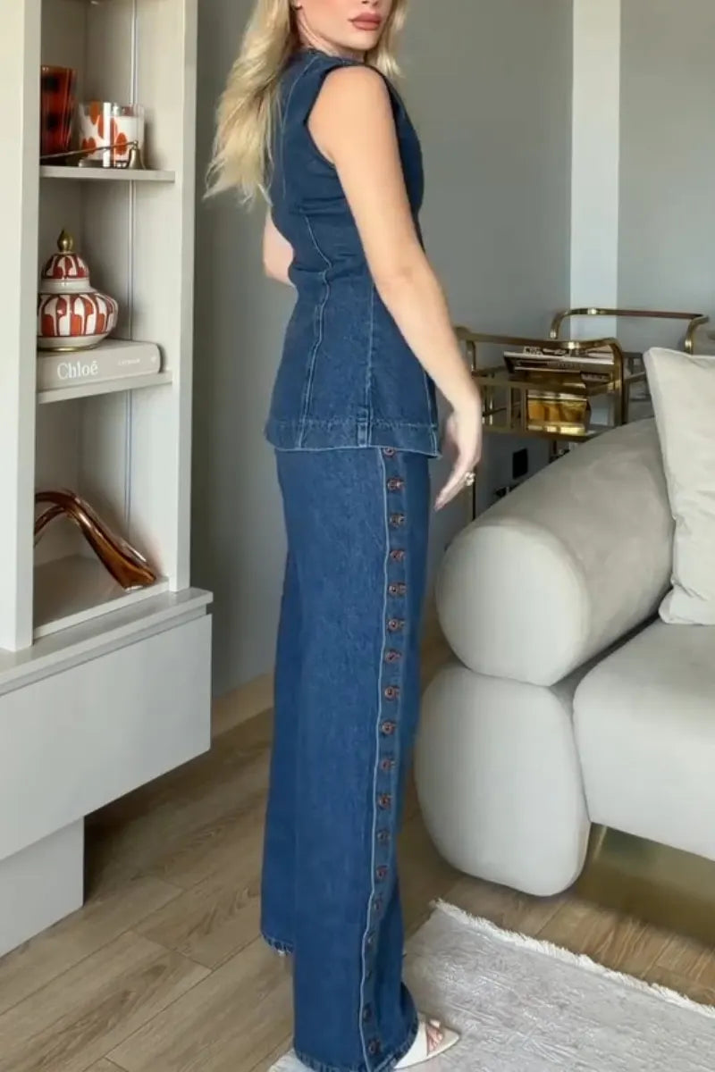 Women Casual Round Neck Spliced Buckle Split Denim Top or Jeans