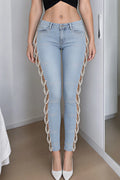 Women's Slim Fit Mid Rise Pearl Embellished Light Blue Denim Jeans