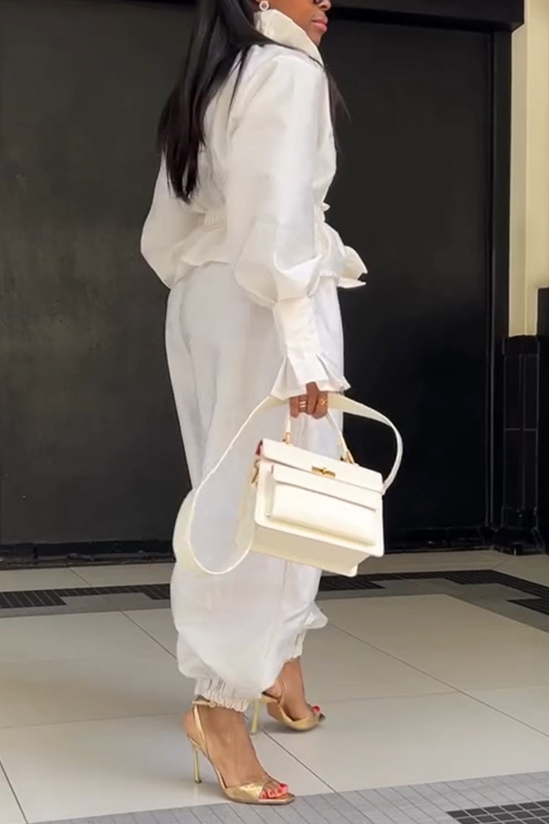 Women's Elegant Ruffle Decoration Waist Cinching Shirt Elastic Cuff Pants Two-Piece Set