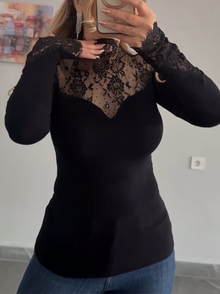 Women Round Neck Patchwork Lace Printed Rhinestone Casual Top