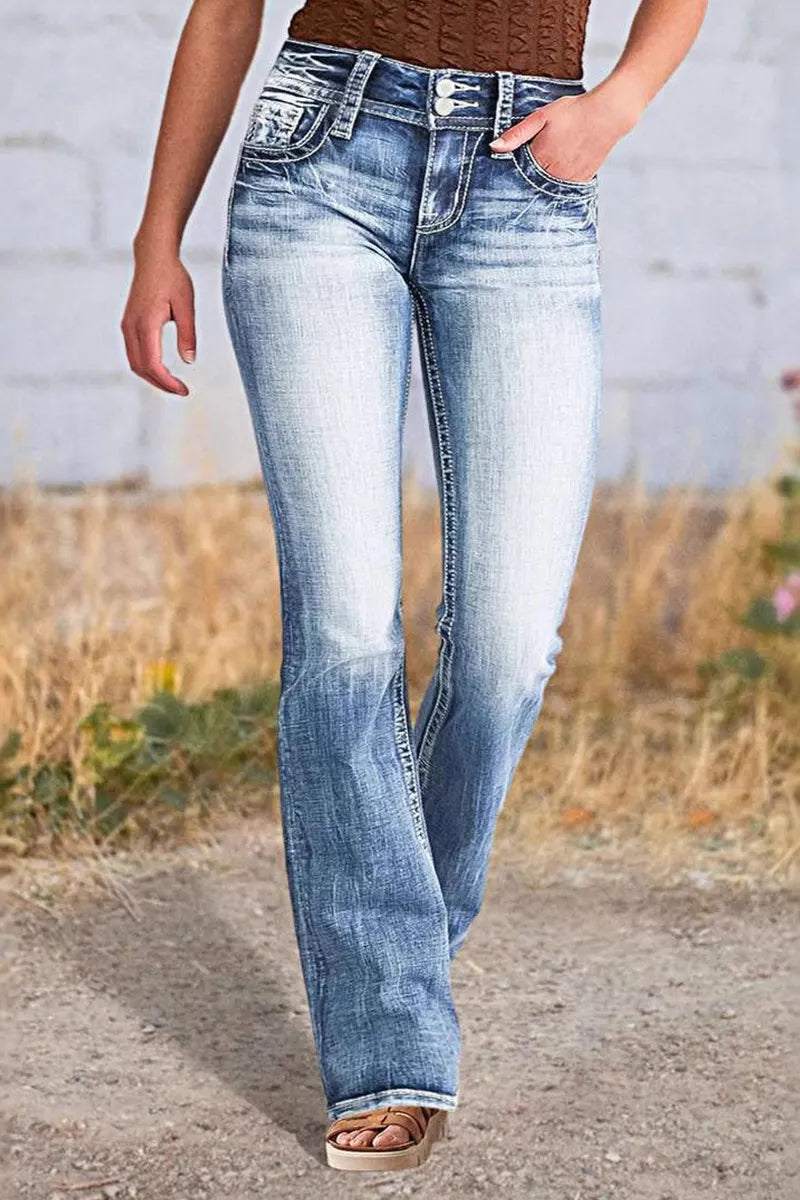 Women's Casual Embroidered Straight Leg Washed Jeans