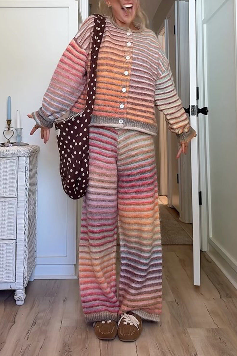 Women's Casual Colorful Stripe Loose Knit Cardigan or Pants