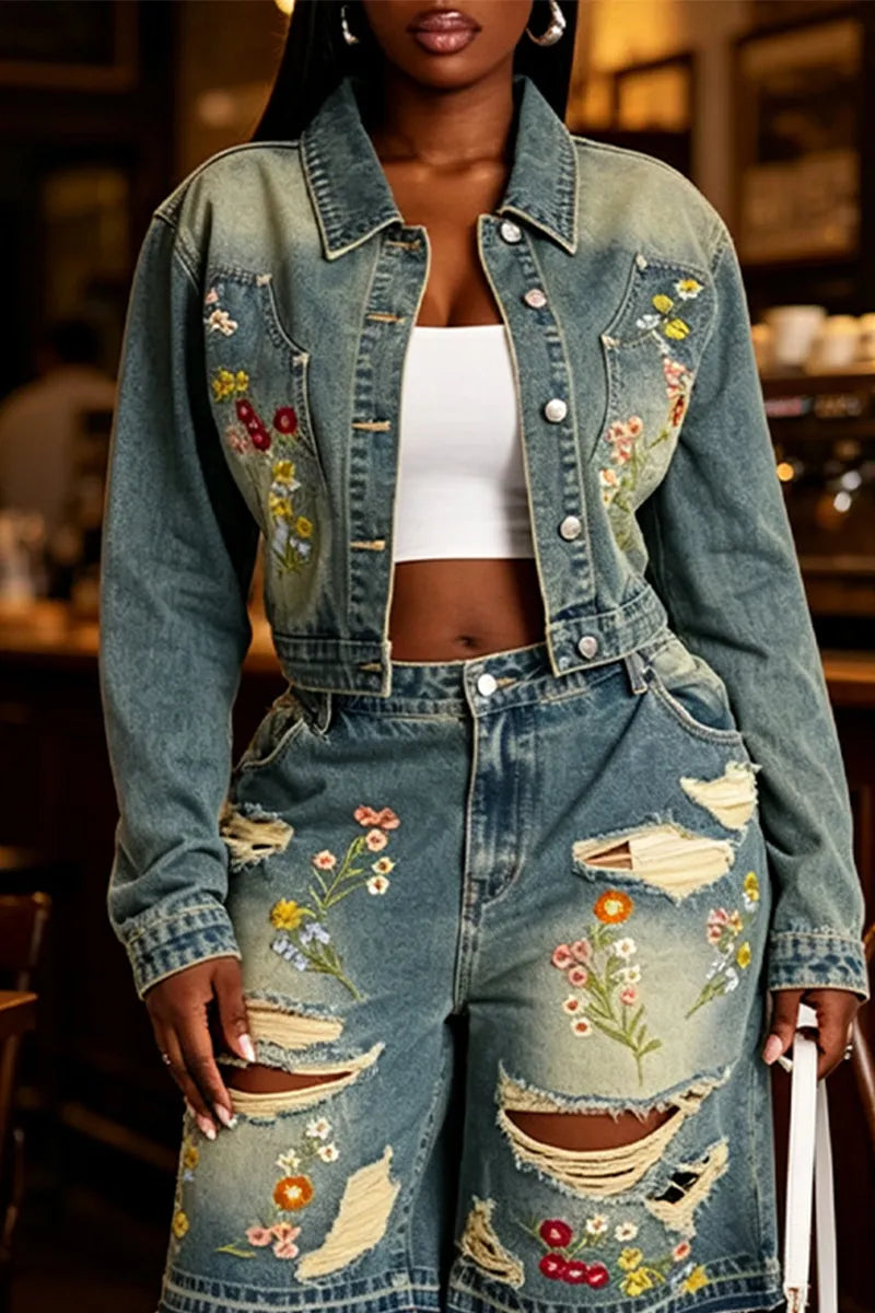 Women's Collar Washed and Embroidered Denim Jacket or Ripped Washed Jeans