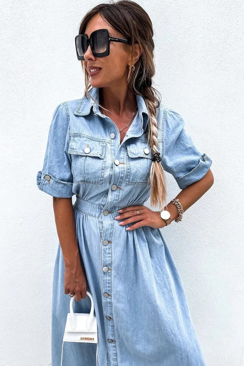 Fashion Lapel Waist Cinching Denim Dress