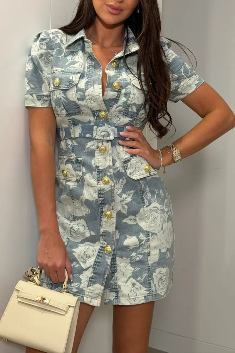 Women Collar Print Buckle Elegant Casual Denim Dress