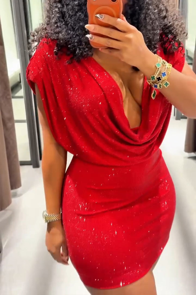 Women's Elegant Drape Neck Shiny Sequins Holiday Slim Mini Dress