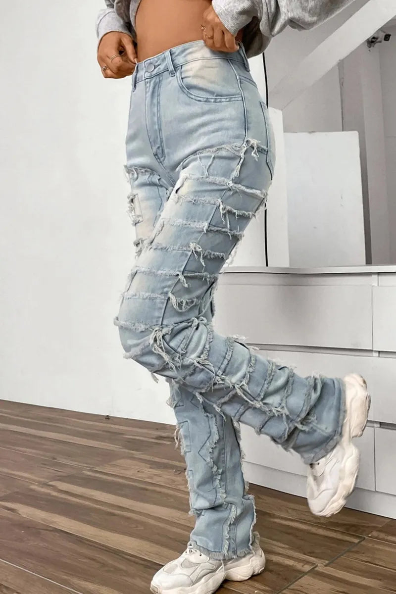 Women's Street Style Distressed Raw Hem Layered Patchwork Jeans