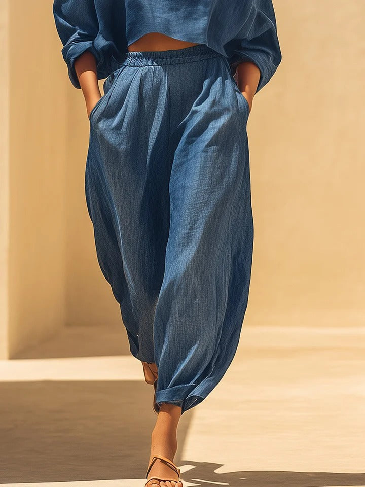 Blue Denim-Like Two-Piece Set: Boat Neck Crop Top & Balloon Pants