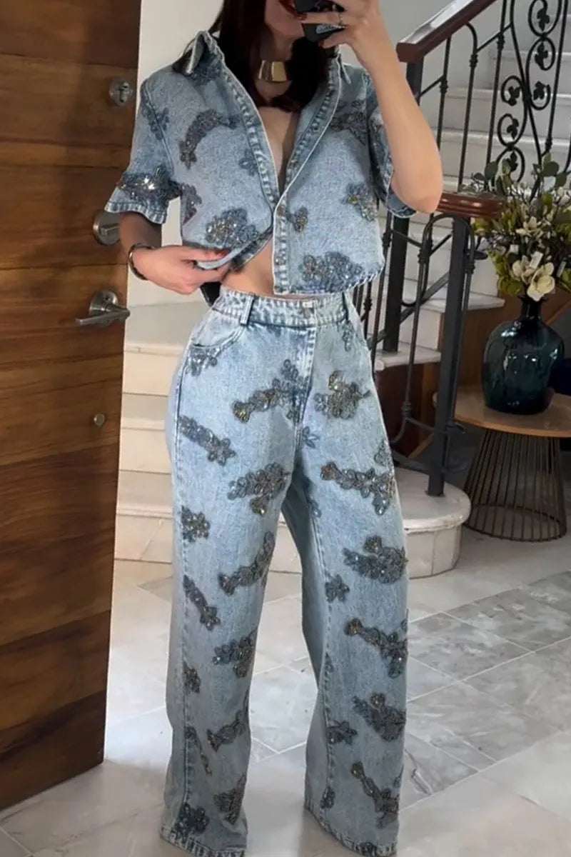 Women's Fashion Rhinestone Beads Loose Denim Top or Wide Leg Jeans