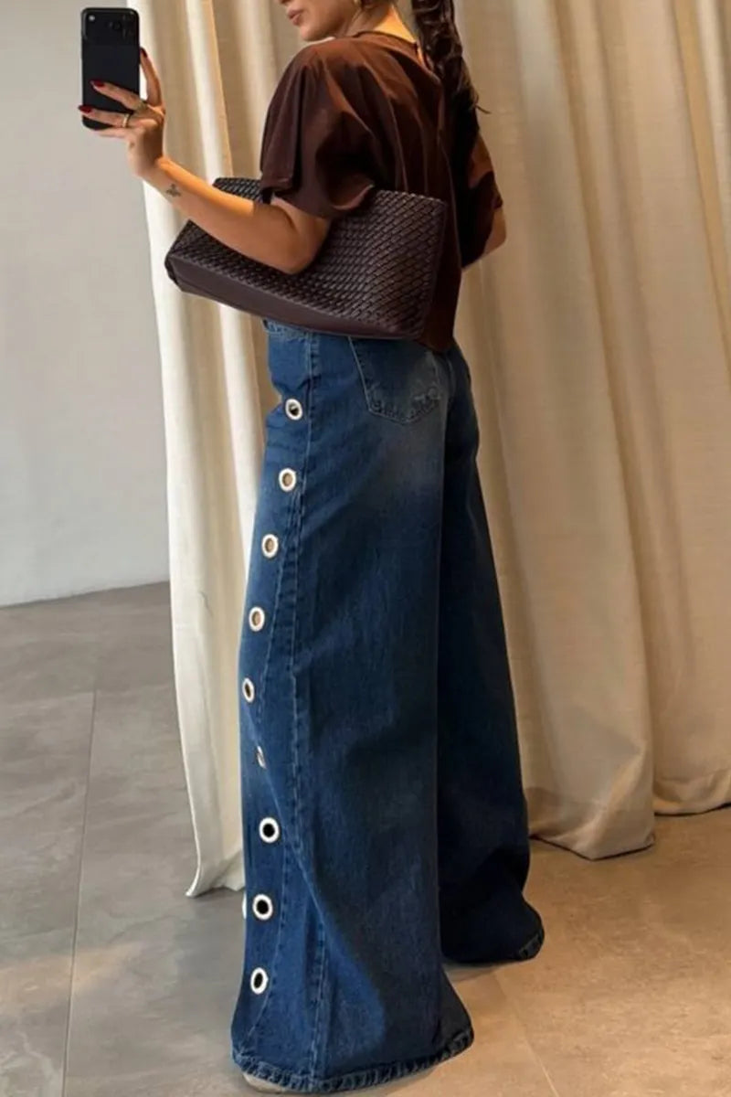 Women's Fashion Metal Cutout Trim Wide Leg Jeans