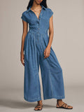 Women's Shirt Collar Short-sleeved Loose-fitting Denim Wide-leg Jumpsuit