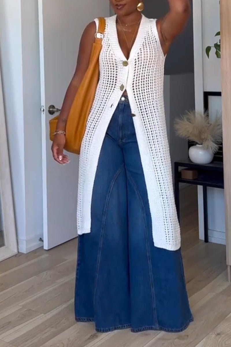 Women's V-neck Woven Hollow Out Long Cardigan or Spliced Wide Leg Jeans