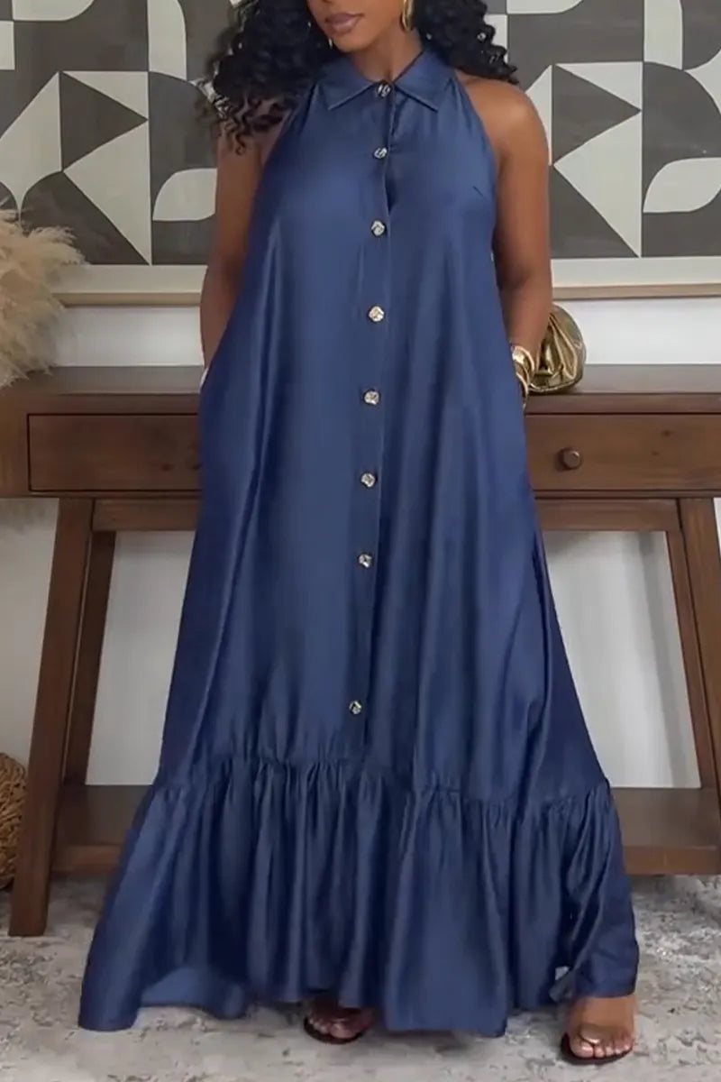 Women's Casual Single Breasted Flounce Hem Denim Dress