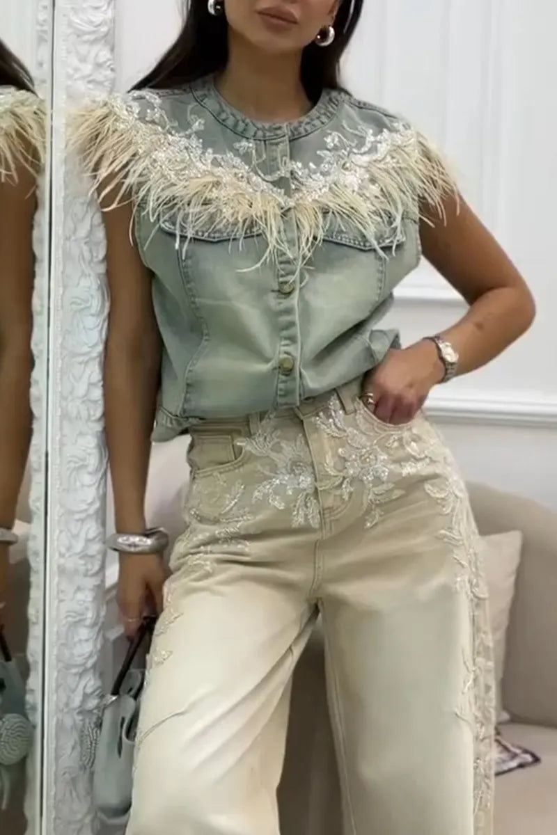 Women's Fashion Sequin Embroidered Feather Denim Vest or Jeans