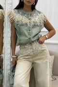 Women's Fashion Sequin Embroidered Feather Denim Vest or Jeans