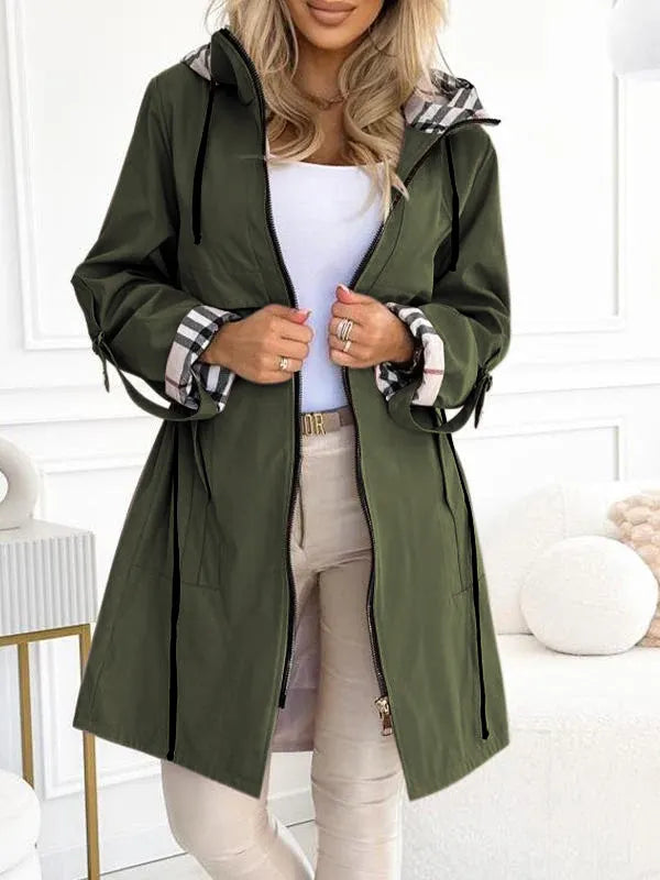 Women's Hooded Zipper Drawstring Plaid Print Casual Long Coat-XS-3XL