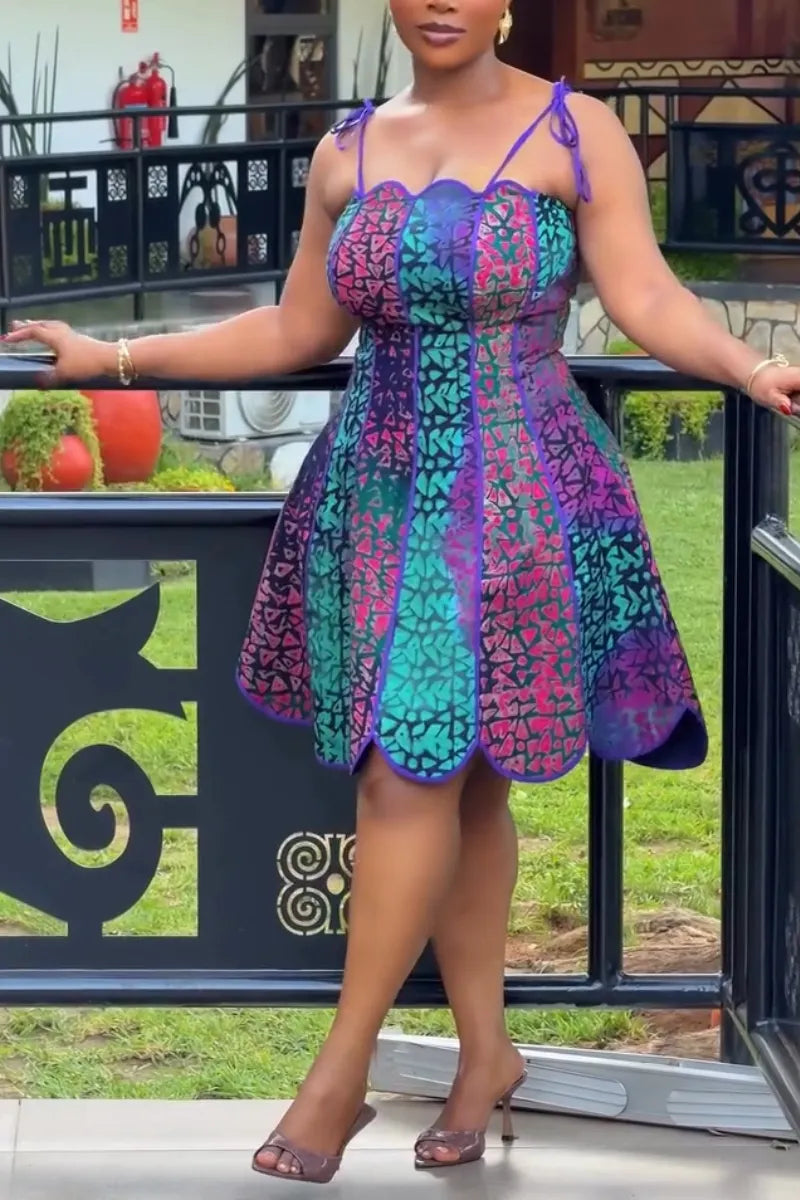 Women Spaghetti Strap Patchwork Printed Waist Cinching Elegant Casual Dress