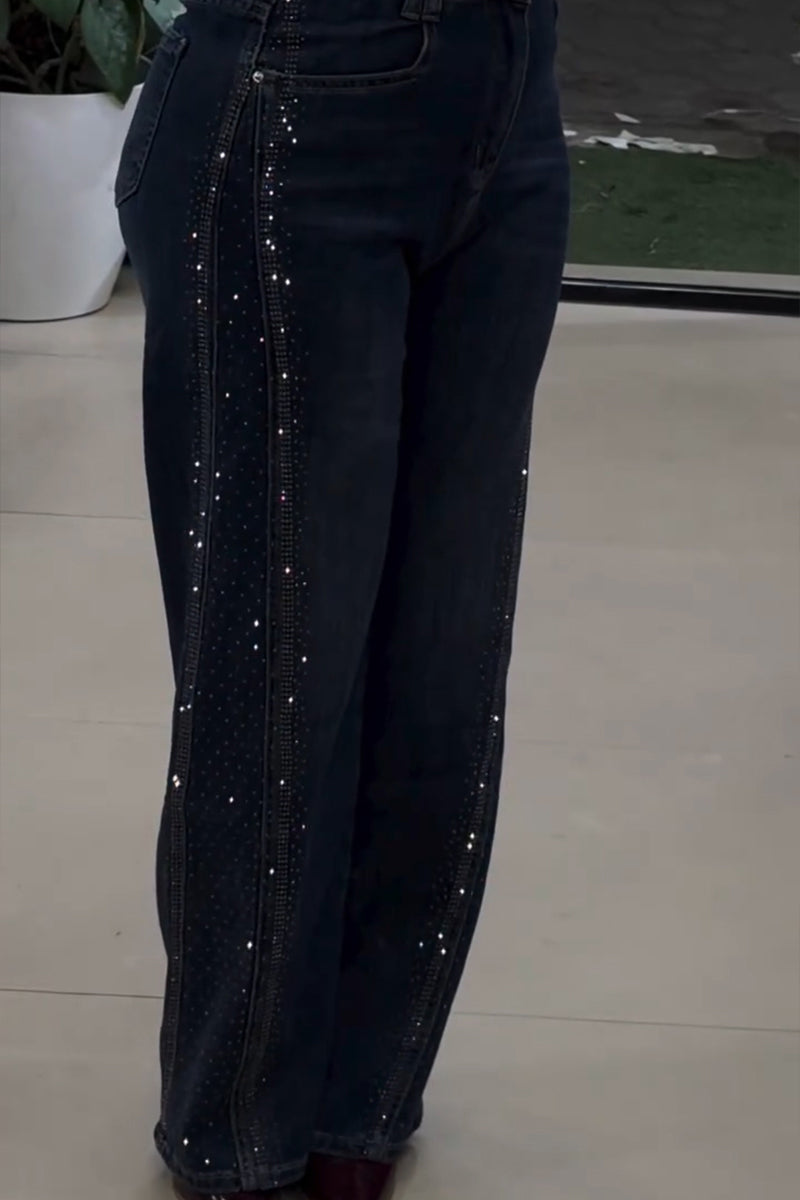 Women's Casual Side Shiny Rhinestone Decoration Jeans