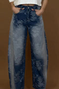 Women's Acid Wash Denim Pants with Eyelet Embellishments & Side Slit