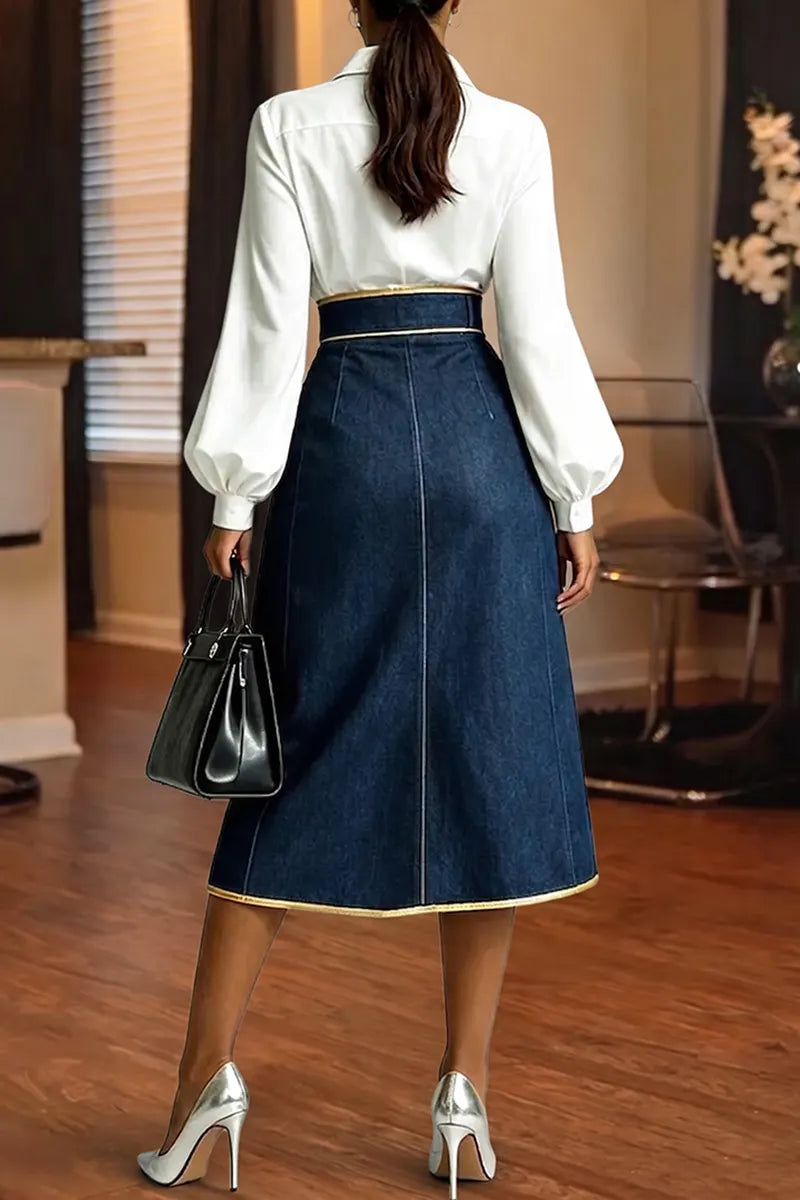 Women's Fashion Metal Hollow-Out Contrast Trim Decoration Denim Skirt