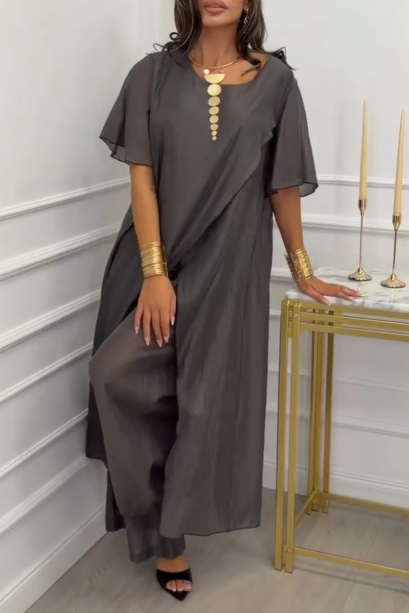 Women's Round Neck Spliced Slit Long Top+ Pants Casual Suit