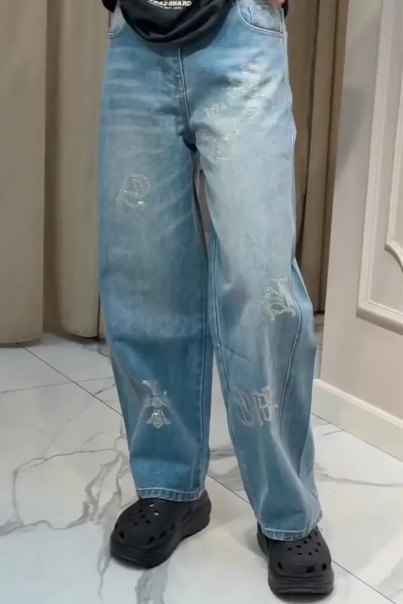 Women Washed and Rhinestone Casual Jeans