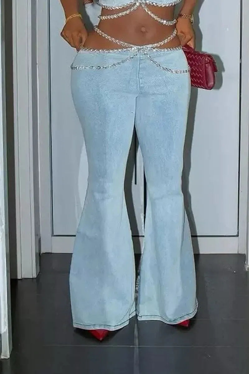 Women's Sparkling Rhinestone Trim Denim Halter Top Or High Waist Flare Pants