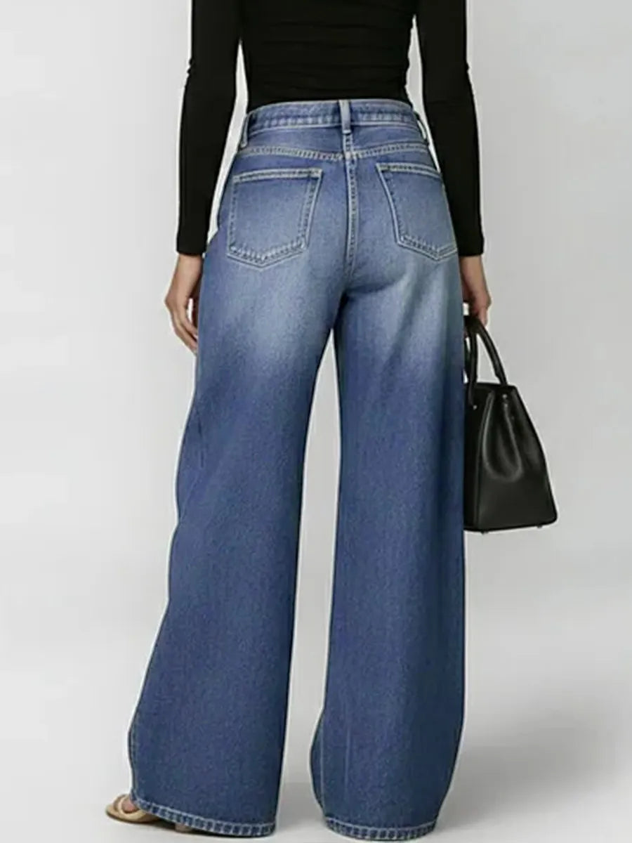 Buttoned Geometric Hollow Pockets Split-Joint High Waisted Loose Jean Pants Bottoms
