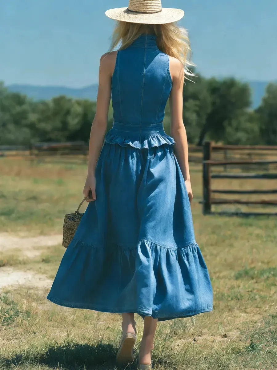Women's Retro Elegant Stylish Zip High-Neck Sleeveless Ruffled Denim Dress