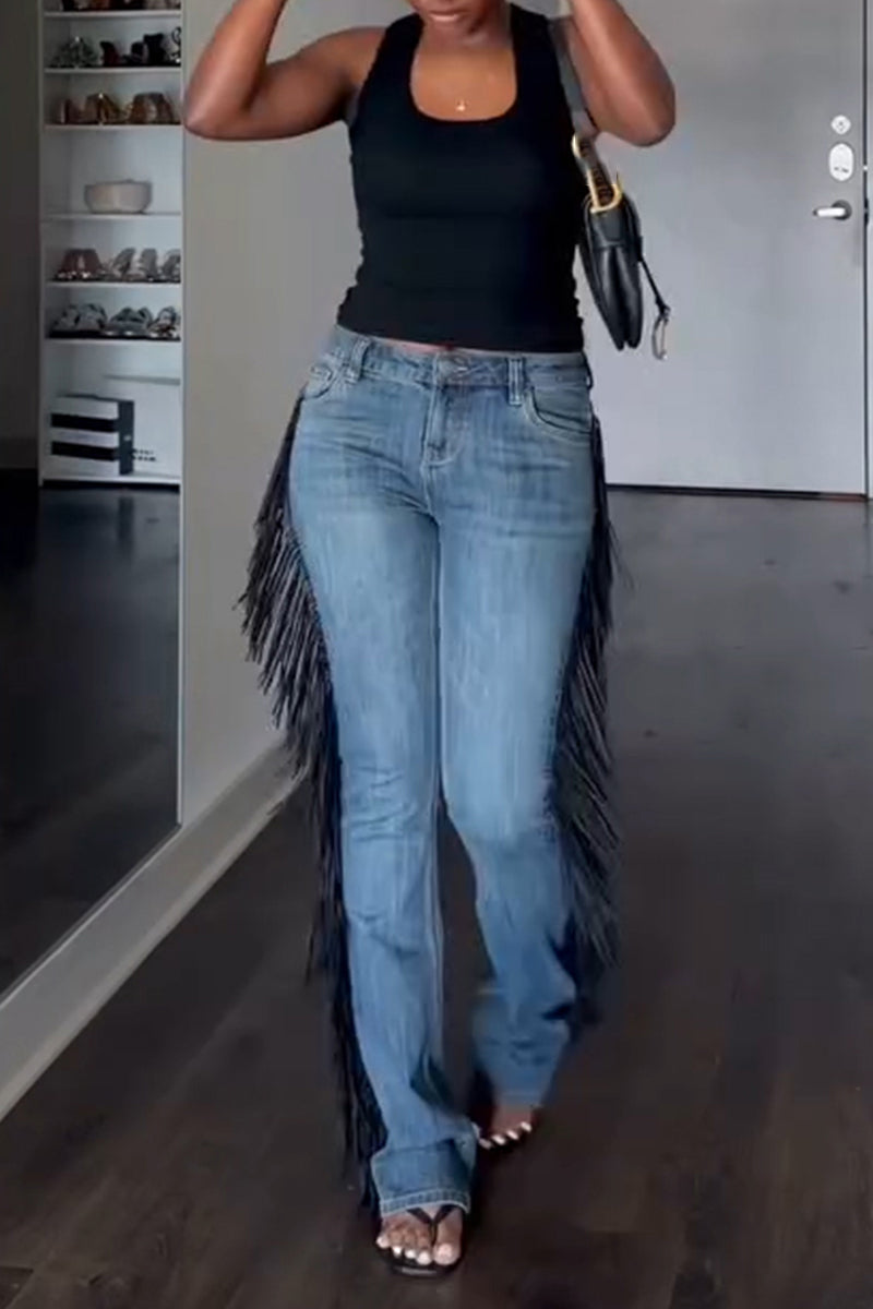 Women's Casual Side Fringe Decoration Jeans
