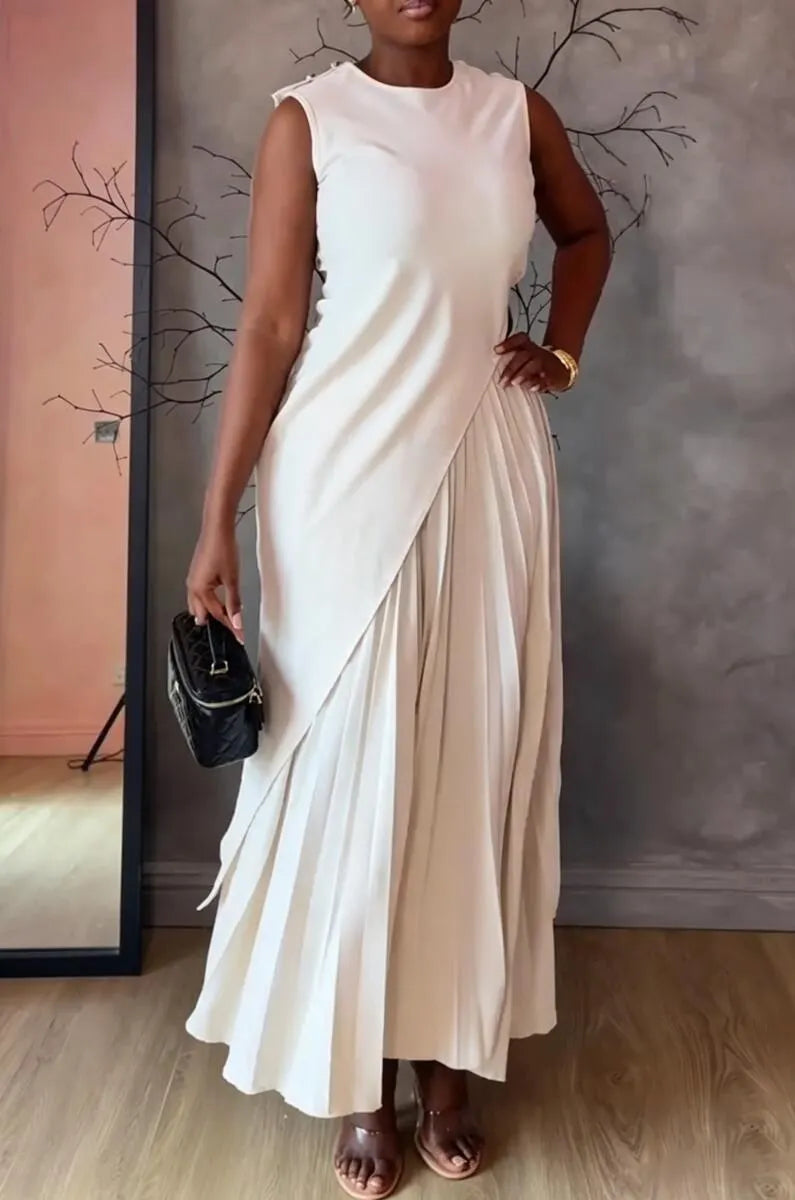Women's Round Neck Irregular Long Top+ Pleated Skirt Elegant Casual Set