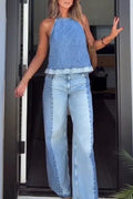 Back Tie Detail Denim Vest With Contrast Panel Jeans Sets