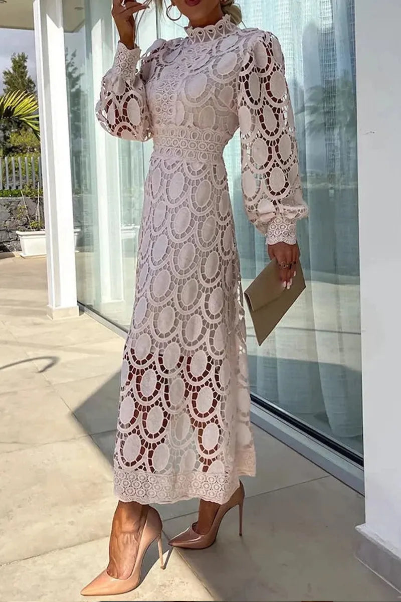 Women's Round Neck Waist Cinching Pattern Hollow Out Solid Color Elegant Temperament Dress