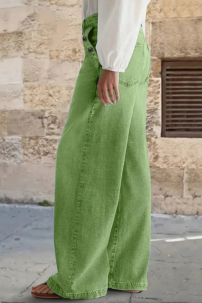 Women Solid Green Washed Wide Leg Denim Trousers High Rise Side Rivet Pocket Casual Baggy Jeans